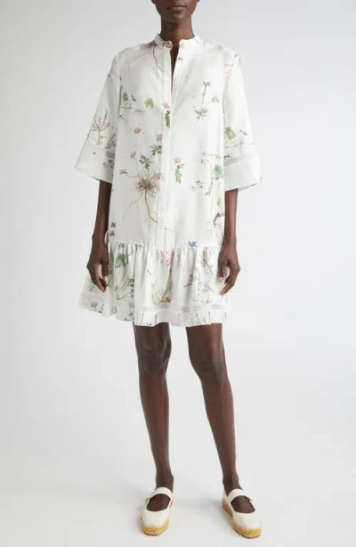 Erdem Short Sleeve Drop Waist Silk Minidress In White