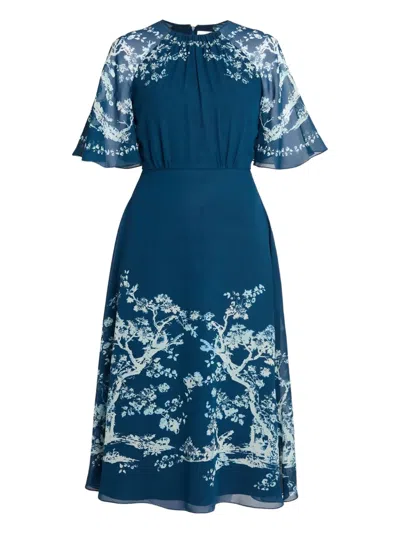 Erdem Short-sleeve Floral Print Midi Dress In Blue