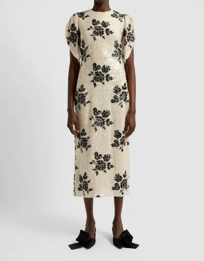 Erdem Short Sleeve Floral Sequined Pencil Dress In White/black In Multi