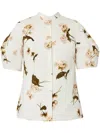 Erdem Floral Print Cotton Top With Collared Neck In White