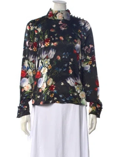 Pre-owned Erdem Silk Floral Print Blouse In Black