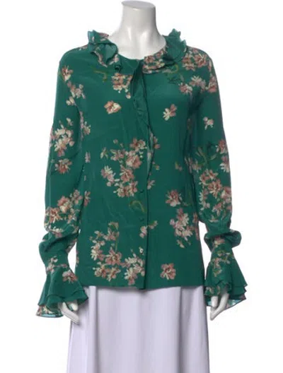 Pre-owned Erdem Silk Floral Print Blouse W/ Tags In Green