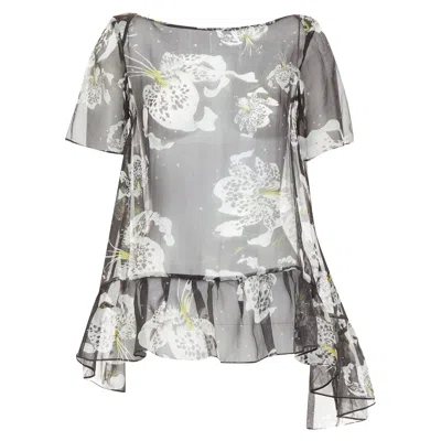 Erdem Silk Sheer Floral Waterfall Frill Babydoll Top In Gray