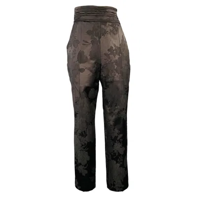 Pre-owned Erdem Size 8 Helga Black Wool Blend Floral Flat Front Dress Pants
