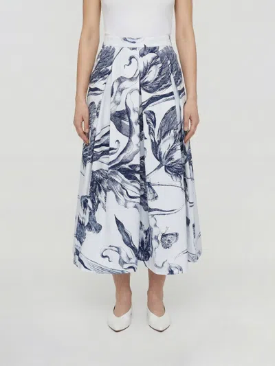 Erdem Pleated Floral-print Cotton-poplin Midi Skirt In Blue