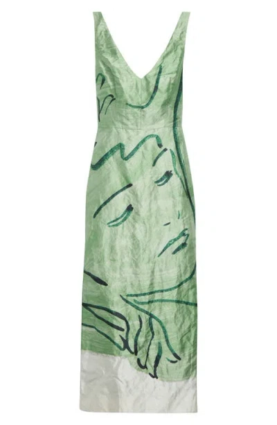Erdem Sleeveless Crinkled Metallic Satin Cocktail Dress In Green