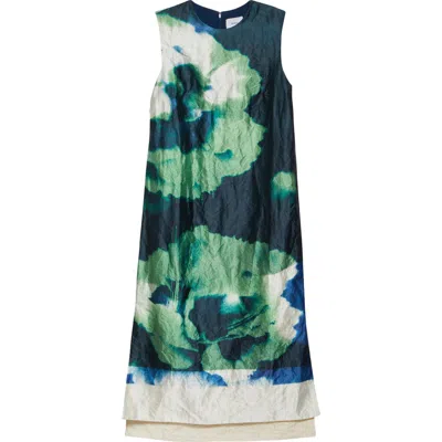 Erdem Sleeveless Crushed Metallic Satin Midi Dress In Carnation Cyanotype Clover