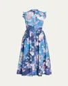 Erdem Floral Print Sleeveless Crinkled Satin Midi Dress In Blue