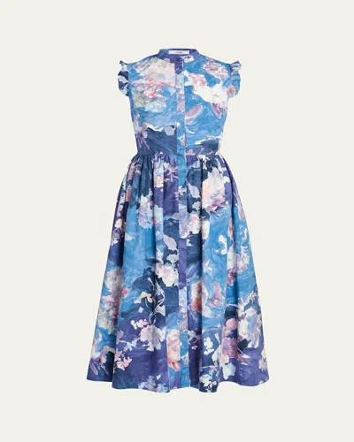 Erdem Sleeveless Flared Floral Cotton Midi Dress In Blue