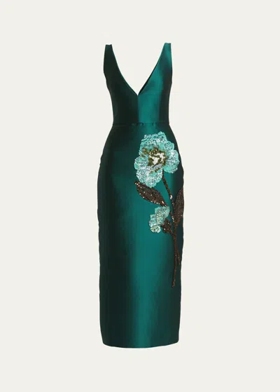 Erdem Sleeveless Floral Sequin Tailored Midi Dress In Pine Green