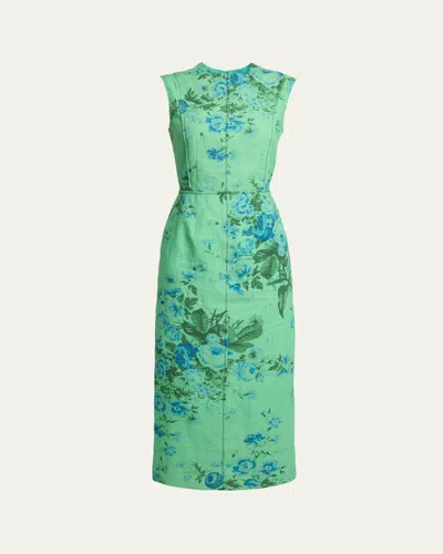 Erdem Sleeveless Floral-print Linen Midi Dress In Green