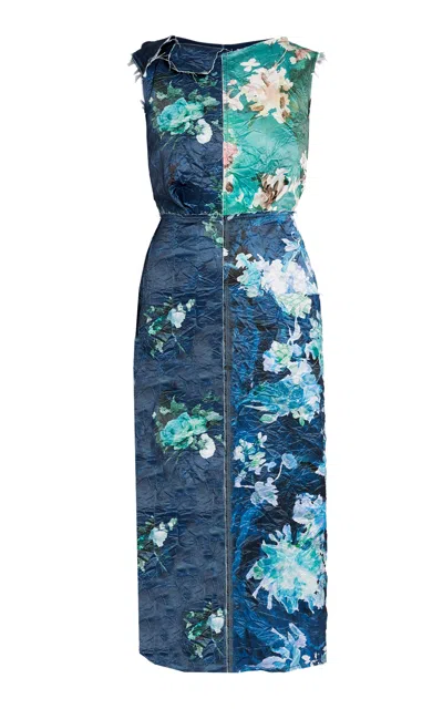 Erdem Specialorder-floral-collage Satin Midi Dress In Navy