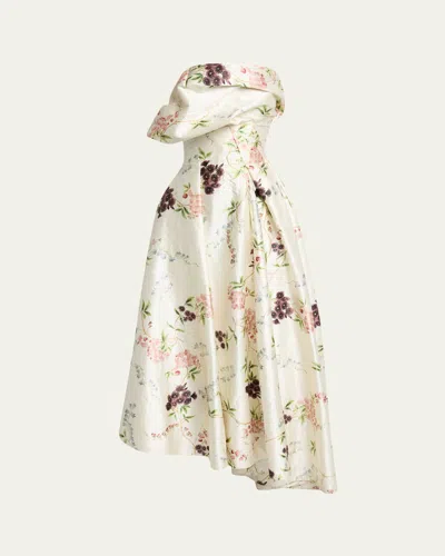 Erdem Strapless Floral-print Textured Satin Gown In Neutral