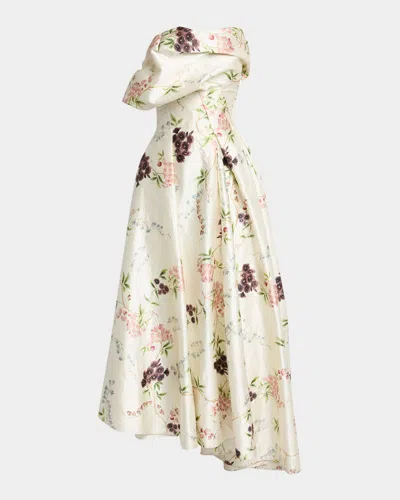 Erdem Strapless Floral-print Textured Satin Gown In Neutral