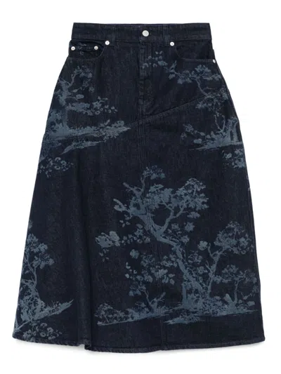 Erdem Tree-print Denim Skirt In Blue