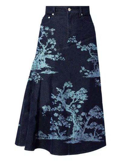 Erdem Tree-print Midi Skirt In Blue
