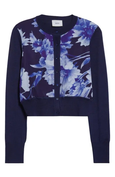 Erdem Merino Wool And Floral-print Satin Cardigan In Navy Indigo
