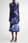 Erdem Floral Pencil Midi Dress In Floral Indigo