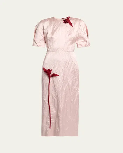 Erdem Tulip Applique Crinkled Satin Short-sleeve Midi Dress In Pink