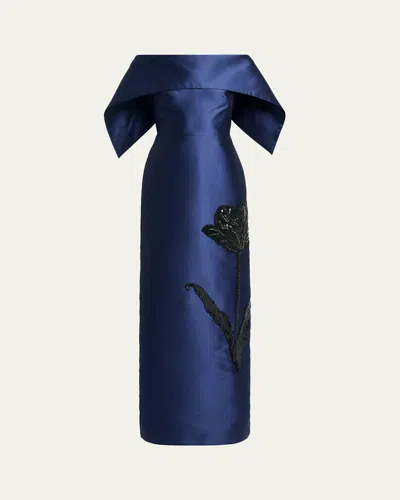 Erdem Tulip Embroidered Off-the-shoulder Satin Gown In Blue