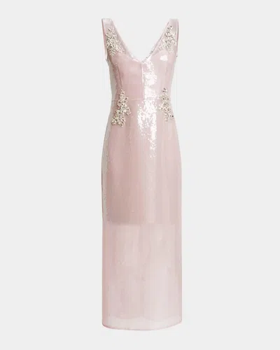Erdem V-neck Sequined Crystal Pencil Midi Cocktail Dress In Pink