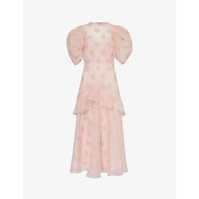 Erdem Womens Ballet Pink Floral-embroidered Puff-sleeve Silk Maxi Dress