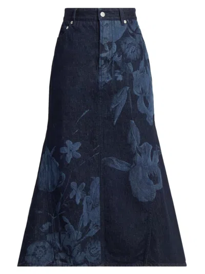 Erdem Women's Dutch Flower Denim Fluted Midi-skirt In Blue
