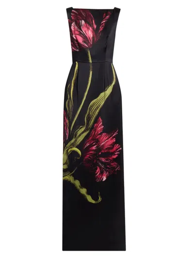 Erdem Floral-print Duchess Satin Sleeveless Gown In Black