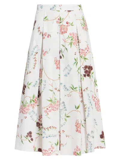 Erdem Chintz Floral Pleated Organic Cotton Poplin A-line Midi Skirt In Burgundy