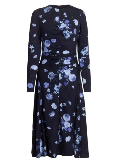 Erdem Floral Gathered Long-sleeve Midi Dress In Blue