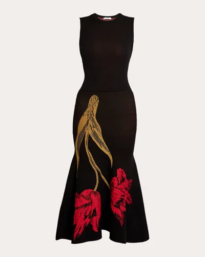 Erdem Women's Floral Knit Sleeveless Flared Midi Dress In Black