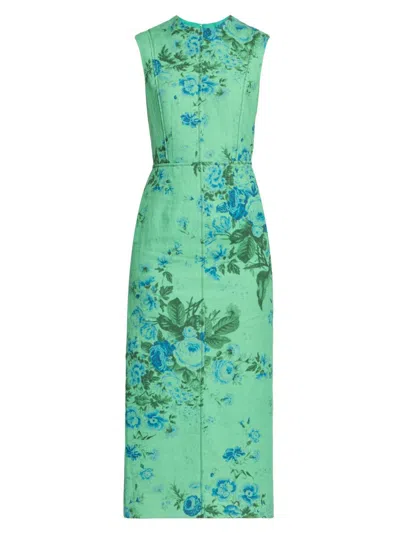 Erdem Floral Print Sleeveless Linen Midi Pencil Dress In Green