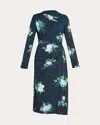 Erdem Abstract Rose Print Draped Long Sleeve Stretch Cady Midi Dress In Blue