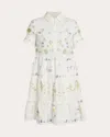 Erdem Tiered Linen Dress With Short Sleeves And Floral Print In White