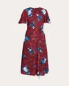 Erdem Abstract Rose Print Short Sleeve Satin Midi Dress In Red