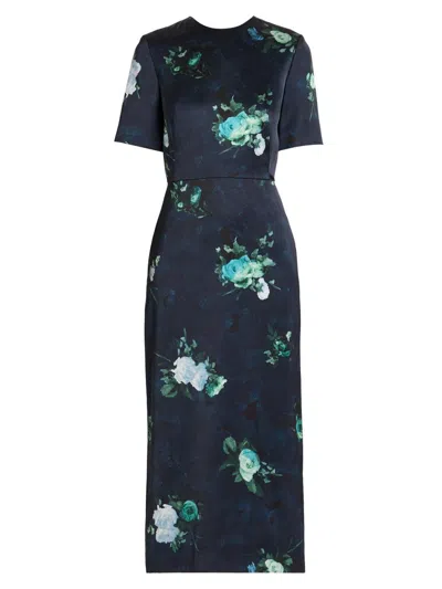 Erdem Abstract Rose Print Short Sleeve Cocktail Dress In Blue