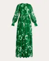 Erdem Gathered Floral Long Sleeve Silk Gown In Green