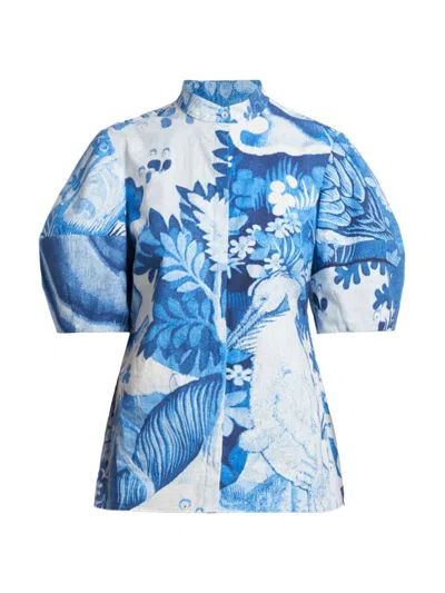 Erdem Women's Floral Swan Puff-sleeve Blouse In Lupin Blue