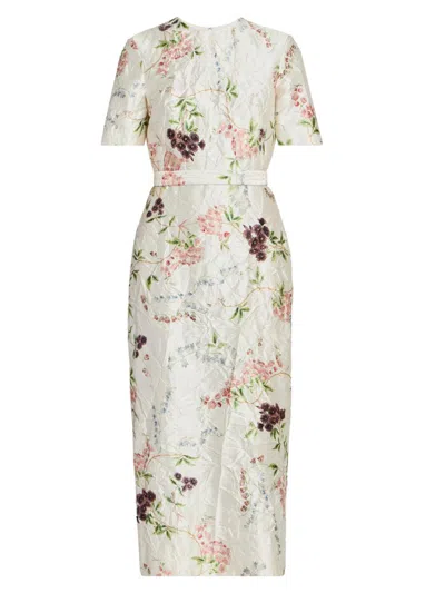Erdem Floral Print Textured Satin Midi Pencil Dress In Neutral