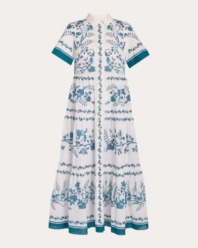 Erdem Womens Wild Fern Bot Dream Blue Botanical-print Tiered Cotton And Linen-blend Midi Shirt Dress In White