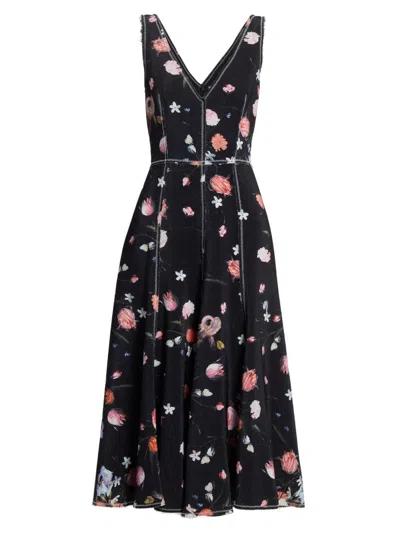 Erdem Women's Floral Topstiched Cocktail Dress In Black