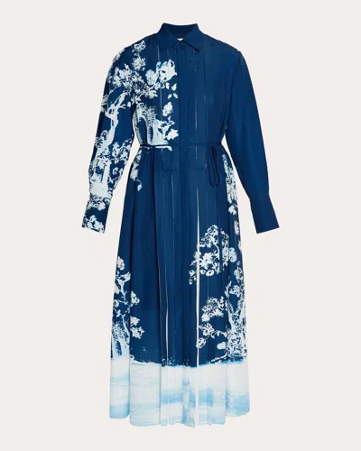 Erdem Women's Pleated Floral-print Midi Crepe Shirt Dress In Blue