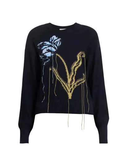 Erdem Women's Threaded Flower Wool Sweater In Blue