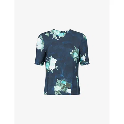 Erdem Womens Abstract Rose Navy Floral-print Short-sleeve Woven Top In Blue