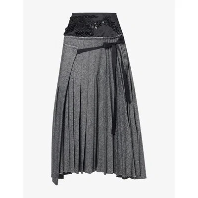 Erdem Womens Aline Embellished-waist Wool-blend Midi Skirt Black/white In Gray
