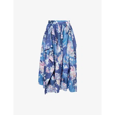 Erdem Womens Artist Garden Cobalt Floral Pleated Cotton-poplin Midi Skirt In Blue