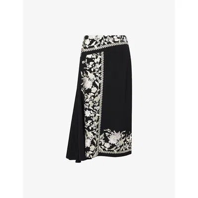 Erdem Womens Black Drape Embroidered Wool Midi Skirt