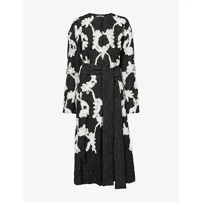 Erdem Womens Black Embellished Belted Woven Coat