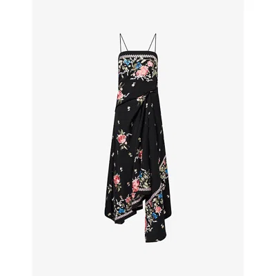Erdem Asymmetric Embroidered Grain De Poudre Wool Midi Dress In Black