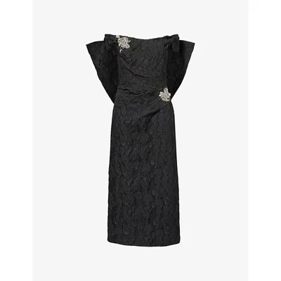 Erdem Womens Black Off-shoulder Embellished Woven Midi Dress